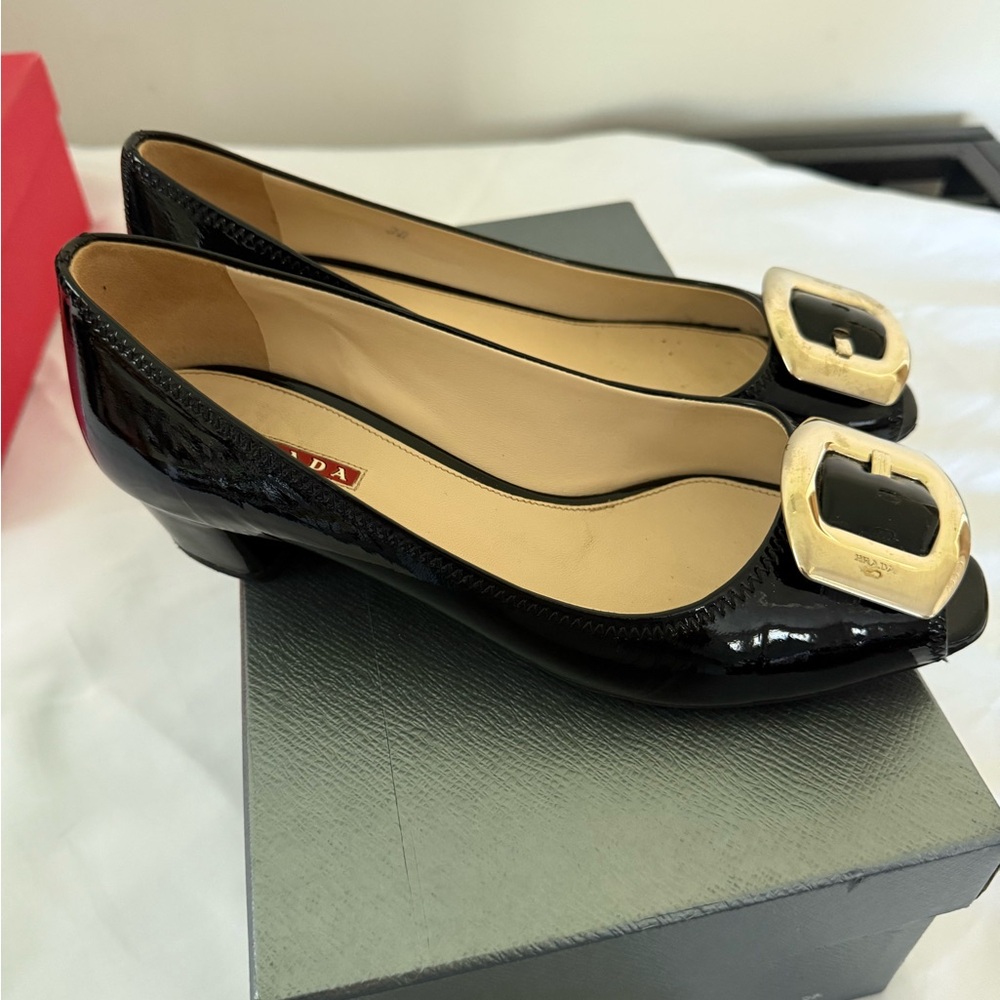 Prada Black Patent Leather Flats with Gold Buckle